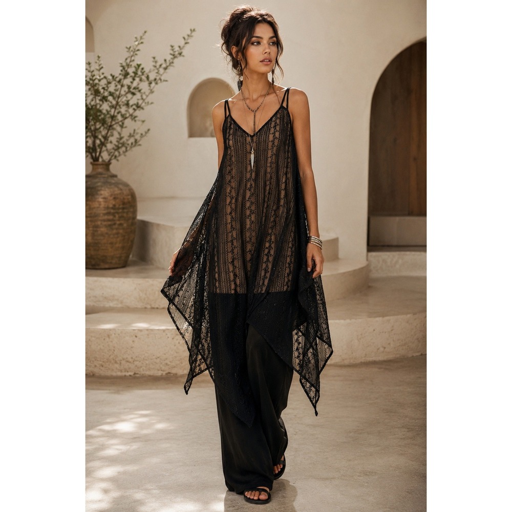 Bronte‎ NWT Black Embroidered Mesh Handkerchief Hem Tunic Dress Boho S